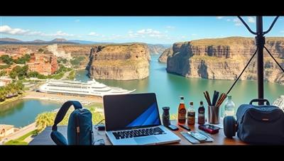 A digital nomad workspace in a picturesque location, featuring a laptop, travel essentials, and a backdrop of scenic views, capturing the essence of freedom, flexibility, and inspiration associated with the digital nomad lifestyle promoted by the coaching service.