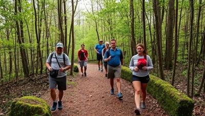 An adventurous image of participants navigating through a wooded trail, solving clues and challenges in a thrilling outdoor adventure game event, with scenic nature views, hidden caches, and excited teamwork, capturing the excitement and camaraderie of QuestVentures' unique outdoor experiences.