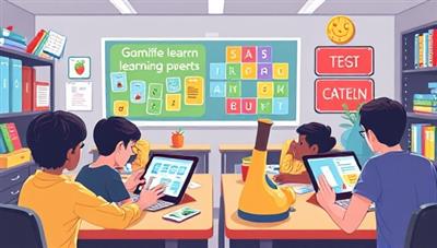 An educational illustration of students interacting with the gamified learning platform on tablets and laptops, solving puzzles and quizzes in a virtual classroom environment, surrounded by playful graphics and educational elements, fostering a fun and interactive learning atmosphere.