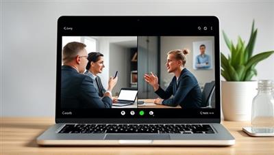 A laptop screen displaying a virtual interview session with a professional coach giving feedback to a candidate, showcasing a dynamic and engaging online coaching experience.