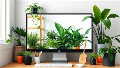 A cozy indoor plant corner setup displayed on a computer screen, showcasing a variety of lush plants, gardening tools, and a virtual plant care consultation session in progress, creating a green oasis and a sense of tranquility in a digital space dedicated to plant wellness and cultivation.