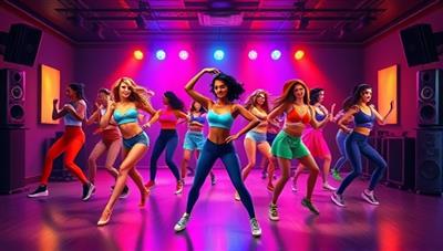 A lively dance studio setting with digital avatars of dancers showcasing energetic and diverse dance moves, surrounded by colorful lights and music speakers, creating a vibrant and dynamic dance fitness atmosphere that inspires movement and joy.