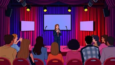 An animated virtual comedy club stage with comedians performing live, audience members laughing and interacting through chat, creating a lively and engaging online comedy club experience.