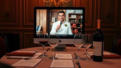 A virtual wine tasting setup with a sommelier guiding a tasting session through a selection of premium wines, displayed on a elegant table setting with tasting notes, wine glasses, and a computer screen showcasing the live interactive session, creating a sophisticated and immersive wine experience for subscribers of VinoVirtuoso.
