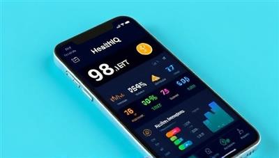 A smartphone displaying the HealthIQ+ app interface with personalized health metrics, activity tracking data, nutrition recommendations, and sleep analysis, highlighting the app's comprehensive health monitoring capabilities and user-friendly design.