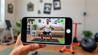 A smartphone displaying a virtual workout session with a coach guiding a user through exercises in a home setting, surrounded by fitness equipment and motivational quotes, showcasing convenience and expertise.