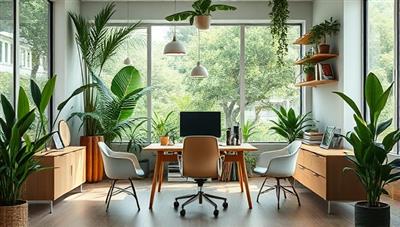 A virtual eco-friendly office setting featuring sustainable office furniture, recycled tech gadgets, and lush greenery, creating a serene and environmentally conscious workspace that promotes productivity and well-being, symbolizing the platform's commitment to sustainability and work-life balance.