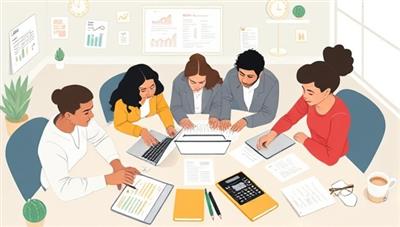 A digital illustration depicting a diverse group of freelancers collaborating on financial planning strategies, with laptops, calculators, and financial documents scattered around a virtual workspace, symbolizing community support and financial empowerment in the freelance world.