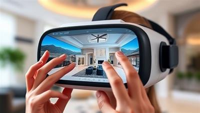 A virtual reality headset displaying a stunning 3D virtual tour of a luxurious property, with a person interacting with the tour interface, showcasing the immersive experience provided by Virtual Estate Tours.