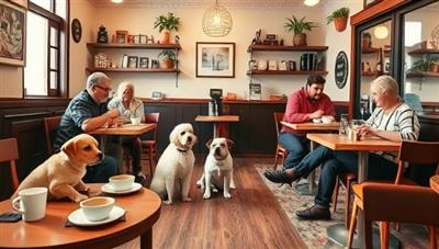 A cozy cafe setting with pet owners enjoying coffee and treats alongside their well-behaved pets, with pet-friendly decor, water bowls, and a playful pet corner, creating a warm and inviting space for human-pet bonding and socializing.