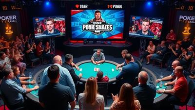 A dynamic live stream setup showing poker players competing in a high-stakes tournament, with commentators providing engaging insights and reactions, surrounded by a virtual audience cheering and reacting to the gameplay, capturing the excitement of live poker streaming.