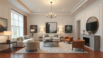 An elegant room visualization with virtual design elements such as furniture, lighting fixtures, and color palettes seamlessly integrated into a digital room layout, demonstrating the transformative power of VirtualDwell Design in creating stunning interior spaces through virtual consultations.