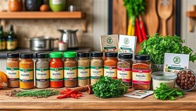An array of vibrant spice jars, fresh herbs, and recipe cards arranged on a rustic kitchen counter, evoking the essence of culinary creativity and flavor exploration with the SpiceCraft Kits.