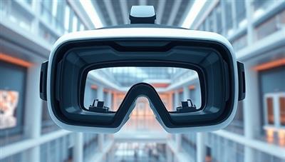 An immersive VR headset displaying a realistic 3D architectural visualization of a modern building interior, with interactive elements and a futuristic design aesthetic, illustrating the potential of VR technology in architectural representation.