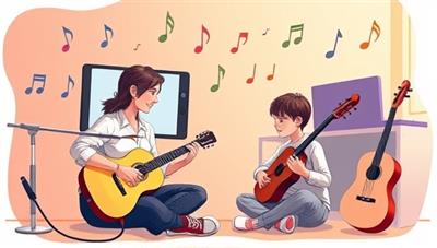 An artistic representation of a virtual music lesson, showing a teacher and student interacting through video chat while playing instruments, with musical notes and instruments floating around, creating a harmonious and engaging learning environment.