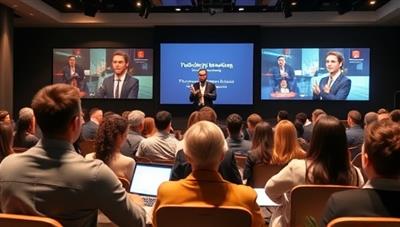 An engaging visual representation of a virtual public speaking masterclass, with participants practicing speeches in front of a digital audience, receiving feedback from coaches, and engaging in interactive speaking exercises, exuding confidence and eloquence in communication.