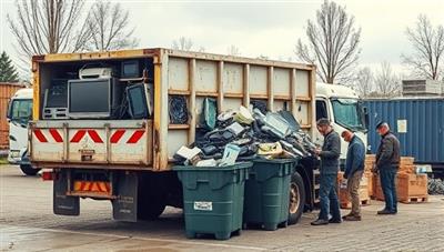 An image of a collection truck loaded with old electronic devices, recycling bins filled with various tech items, and a team of workers sorting and processing e-waste in an environmentally responsible manner, conveying a commitment to sustainability and eco-friendly practices.