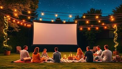 An enchanting outdoor movie setup with a large screen, twinkling string lights, picnic blankets, and families enjoying a movie night under the starlit sky, surrounded by nature and cozy ambiance, creating a magical and memorable outdoor cinematic experience.