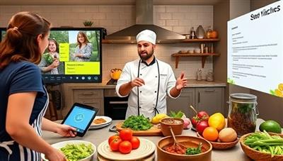 An interactive virtual cooking class scene featuring a chef guiding participants through a recipe demonstration, showcasing fresh ingredients, cooking utensils, and a digital recipe display, creating a dynamic and engaging culinary learning experience in a virtual kitchen setting.