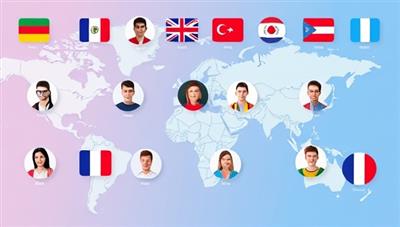 An online platform interface showcasing diverse user profiles connecting for language exchange sessions, with virtual flags representing different countries, symbolizing global communication and cultural exchange.