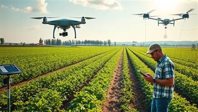A futuristic farm landscape with drones flying overhead, sensors monitoring crops, and farmers using tablets to analyze real-time data, illustrating the integration of technology in agriculture.