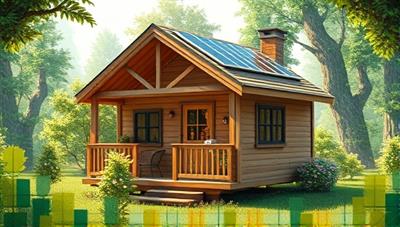 An artistic rendering of a cozy, solar-powered tiny house surrounded by lush greenery, showcasing a harmonious blend of nature and modern eco-friendly design principles.