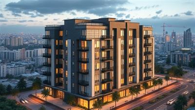 An architectural rendering of a modern residential building with detailed textures, lighting effects, and landscaping elements, set against a backdrop of a bustling cityscape, highlighting the photorealistic quality of RenderCraft Studio's visualizations.