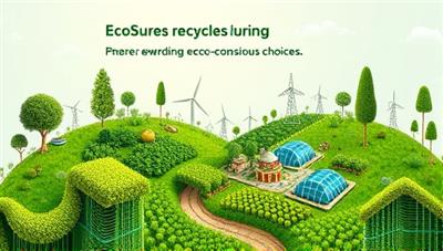 An engaging marketing poster featuring a lush green landscape with recycled materials and renewable energy sources, symbolizing EcoSure's dedication to sustainability and rewarding eco-conscious choices.