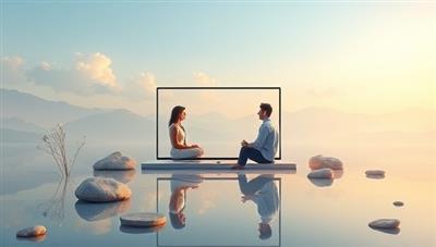 A serene digital landscape with calming colors and imagery symbolizing mental well-being, featuring a virtual coaching session between a client and a mentor, surrounded by elements representing mindfulness and self-discovery, evoking a sense of peace and balance.