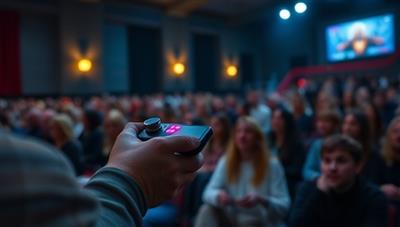 An audience member holding a remote control, actively participating in a movie scene where the character's fate depends on the viewer's choices, creating an immersive and engaging atmosphere.