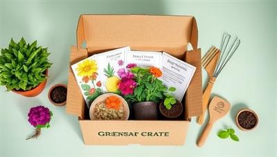 An artistic flat lay image of a Greenscape Crate subscription box open to reveal colorful plant seedlings, gardening tools, and a beautifully illustrated planting guide, evoking a sense of excitement and inspiration for gardening enthusiasts.
