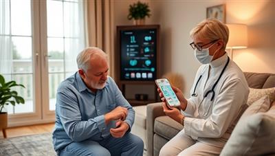 A home setting image featuring a patient using the VitaGuard device, checking vital signs on the app interface, with a healthcare provider virtually monitoring the data and providing feedback, illustrating the seamless and proactive remote healthcare monitoring solution offered by VitaGuard Tech.