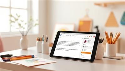 A serene and peaceful art studio setting with calming colors, soft lighting, and art supplies arranged neatly on a table, accompanied by a digital tablet displaying the MindfulArt Studio platform interface with guided art therapy exercises and mindfulness prompts, creating a safe space for emotional exploration and healing through art.