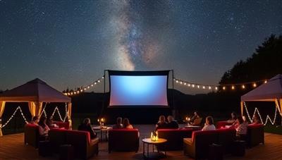 A picturesque outdoor setup with a large screen against a starry night sky, surrounded by cozy seating areas, fairy lights, and guests enjoying a movie together, creating a magical and enchanting outdoor cinema experience.