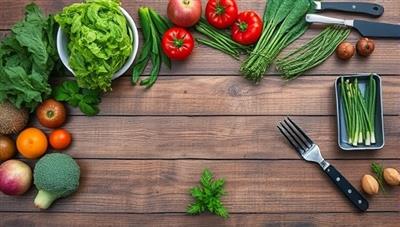 An appetizing image of a virtual cooking class setup with fresh vegetables, herbs, and kitchen utensils laid out on a rustic wooden table, ready for a farm-to-table culinary experience, capturing the essence of FarmFlavor Culinary School's online classes.
