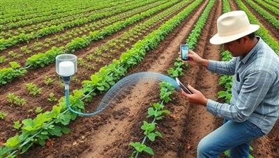 An agricultural field with a smart irrigation system in operation, showing sensors monitoring soil moisture levels and water distribution, with a farmer overseeing the system on a tablet, emphasizing precision farming and sustainable water management.
