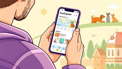 An engaging digital illustration of a pet owner using the PawsExplorer app on a smartphone to plan a pet-friendly travel itinerary, featuring pet icons, travel destinations, and accommodation options tailored for furry companions, conveying convenience and pet-centric travel experiences.