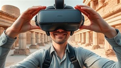 An engaging VR headset view of a virtual historical tour, with users exploring ancient ruins and artifacts in a realistic and detailed environment, capturing the essence of immersive time travel through virtual reality.