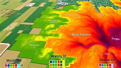A visually striking representation of satellite imagery overlaying farmlands with color-coded risk zones, illustrating the precision and data-driven approach of AgriGuard in assessing crop health and climate risks.