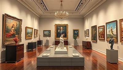 A sophisticated virtual art gallery setting with elegant displays of paintings, sculptures, and digital artworks, showcasing a diverse range of artistic styles and mediums in a beautifully curated and immersive virtual environment.