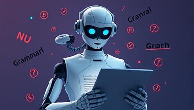 An AI-powered robot assistant hovering over a writer's shoulder, analyzing text on a digital screen and suggesting real-time improvements, surrounded by floating grammar and punctuation symbols, illustrating the tool's smart and helpful nature in writing enhancement.