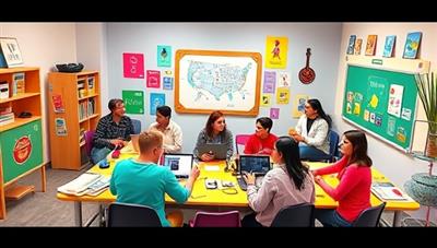 A colorful and dynamic virtual classroom setting with diverse avatars engaging in language exchange activities, surrounded by interactive language tools and cultural elements, promoting a fun and immersive learning experience.