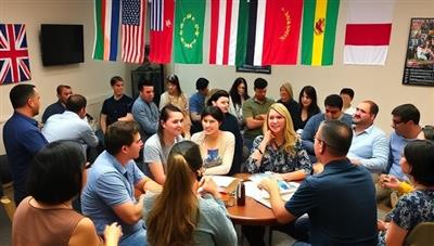 A vibrant meetup setting with diverse participants engaged in lively language exchanges, accompanied by flags representing different countries, fostering a sense of global connection and cultural appreciation.