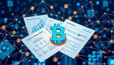 An artistic representation of blockchain technology intertwined with financial documents and digital transactions, illustrating the secure and transparent nature of expense tracking through BlockTrack Finances.