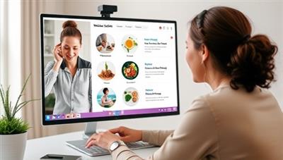 A wellness coach conducting a virtual coaching session with a client, discussing healthy meal options, exercise routines, and stress management techniques, showcasing the supportive and personalized approach to health and wellness coaching.