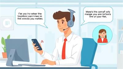 An office setting illustration showing a business professional interacting with a voice assistant device to manage tasks and inquiries, with speech bubbles symbolizing voice interactions and a digital assistant avatar, reflecting the seamless integration and convenience provided by VoiceBiz Assist.