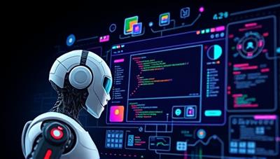 An AI-powered robot creating a digital blueprint of a website with colorful design elements and code snippets floating around, symbolizing innovation and automation in web design.