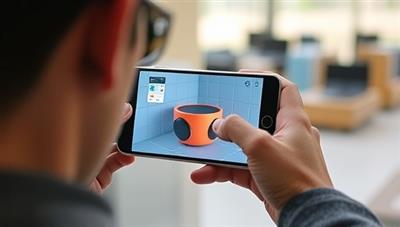 An AR visualization of a user interacting with a virtual product using a smartphone, showcasing the immersive and interactive nature of VirtuReview's AR product reviews.