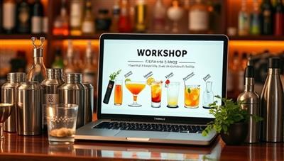 An aesthetically pleasing bar setup with cocktail shakers, fresh ingredients, and a laptop displaying a virtual cocktail making workshop, exuding a lively and engaging atmosphere perfect for mixology enthusiasts.