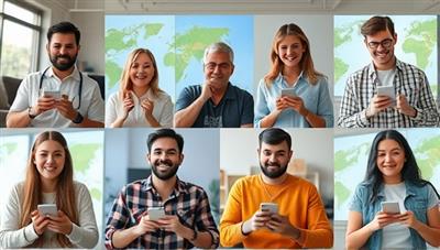 A diverse group of individuals from different cultural backgrounds engaging in a virtual language learning session, each interacting with the platform's features while enjoying a virtual trip around the world, showcasing the immersive and interactive nature of the learning experience.